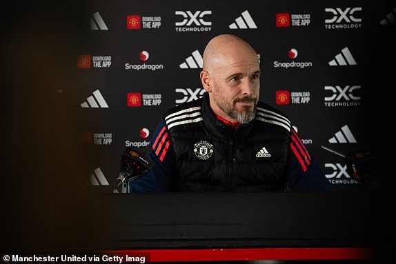 MANCHESTER, ENGLAND - OCTOBER 18: Manager Erik ten Hag of Manchester United speaks during a press conference at Carrington Training Ground on October 18, 2024 in Manchester, England. (Photo by Ash Donelon/Manchester United via Getty Images)