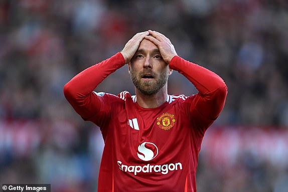 MANCHESTER, ENGLAND - OCTOBER 19: Christian Eriksen of Manchester United reacts to a missed chance during the Premier League match between Manchester United FC and Brentford FC at Old Trafford on October 19, 2024 in Manchester, England. (Photo by Michael Regan/Getty Images)