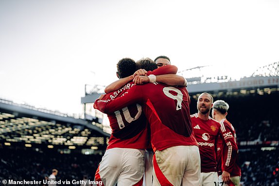 MANCHESTER, ENGLAND - OCTOBER 19: Rasmus Hojlund of Manchester United celebrates scoring their second goal during the Premier League match between Manchester United FC and Brentford FC at Old Trafford on October 19, 2024 in Manchester, England. (Photo by Zohaib Alam - MUFC/Manchester United via Getty Images)