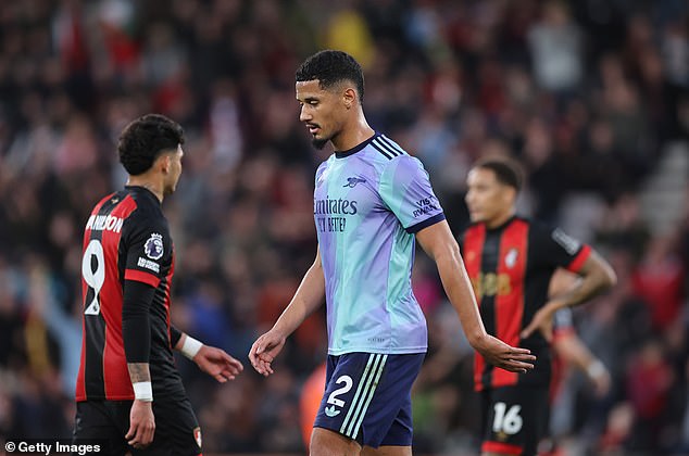 William Saliba became the third Arsenal player to be sent off this season after being shown a red at Bournemouth