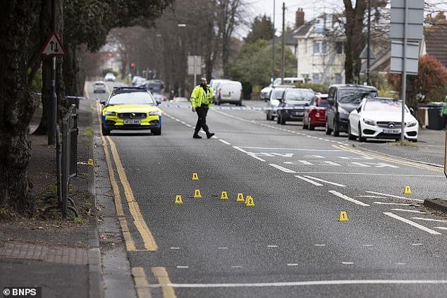 Becky had taken her two older daughters to school and was heading home with then 11-month-old Lorena when the collision occurred (pictured: The investigation cordon on the day of the hit and run in April 2023)