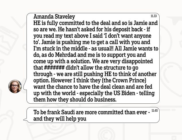 Leaked WhatsApp messages show Amanda Staveley saying the Saudis 'are more committed than ever'. She also references the Crown Prince a lot in the messages seen by The Telegraph