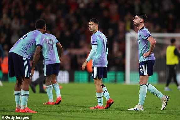 BOURNEMOUTH, ENGLAND - OCTOBER 19: Gabriel Martinelli, Declan Rice of Arsenal and teammates react following a loss in the Premier League match between AFC Bournemouth and Arsenal FC at Vitality Stadium on October 19, 2024 in Bournemouth, England. (Photo by Michael Steele/Getty Images)