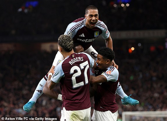 BIRMINGHAM, ENGLAND - OCTOBER 02: Youri Tielemans of Aston Villa celebrates with teammates after Jhon Duran of Aston Villa (obscured) scores his team's first goal during the UEFA Champions League 2024/25 League Phase MD2 match between Aston Villa FC and FC Bayern MÃ¼nchen at Villa Park on October 02, 2024 in Birmingham, England. (Photo by Aston Villa/Aston Villa FC via Getty Images)