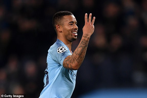 MANCHESTER, ENGLAND - NOVEMBER 07:  Gabriel Jesus of Manchester City celebrates after scoring his team's sixth and his hatrick goal during the Group F match of the UEFA Champions League between Manchester City and FC Shakhtar Donetsk at Etihad Stadium on November 7, 2018 in Manchester, United Kingdom.  (Photo by Laurence Griffiths/Getty Images)