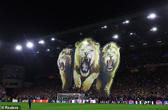 Soccer Football - Champions League - Aston Villa v Bologna - Villa Park, Birmingham, Britain - October 22, 2024 General view as banners of lions are displayed before the match REUTERS/Molly Darlington