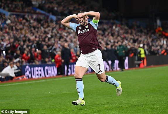 BIRMINGHAM, ENGLAND - OCTOBER 22: John McGinn of Aston Villa celebrates scoring his team's first goal during the UEFA Champions League 2024/25 League Phase MD3 match between Aston Villa FC and Bologna FC 1909 at Villa Park on October 22, 2024 in Birmingham, England. (Photo by Dan Mullan/Getty Images)