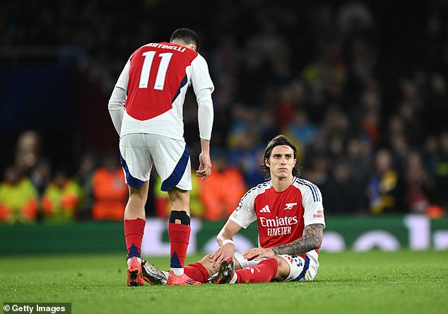 Arsenal were dealt a blow after Calafiori required lengthy treatment on a knee injury