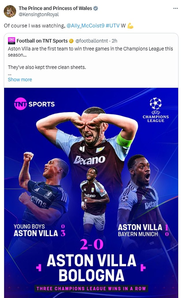 Prince William was in a celebratory mood last night after Aston Villa secured a third consecutive victory in the Champions League. He tweeted McCoist from the Kensington Royal X account