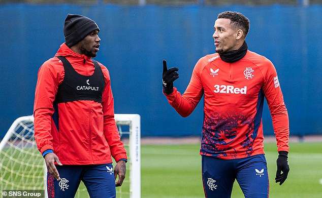 Captain James Tavernier, right, speaks to Dujon Sterling ahead of the Europa League clash