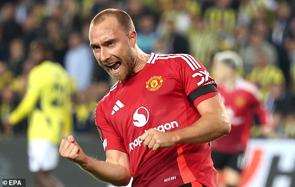 epa11681027 Christian Eriksen of Manchester United celebrates after scoring the opening goal during the UEFA Europa League soccer match between Fenerbahce SK and Manchester United, in Istanbul, Turkey, 24 October 2024.  EPA/TOLGA BOZOGLU