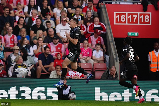 Mr Oakley broke his back falling down the stairs at St Mary's Stadium just before half time in his beloved Saints' Championship clash with Rotherham United last season. Rotherham's Jordan Hugill is seen scoring later in the game