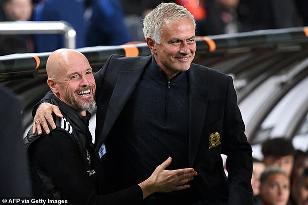 Before Thursday's game, Mourinho embraced current Man United manager Erik ten Hag (left)