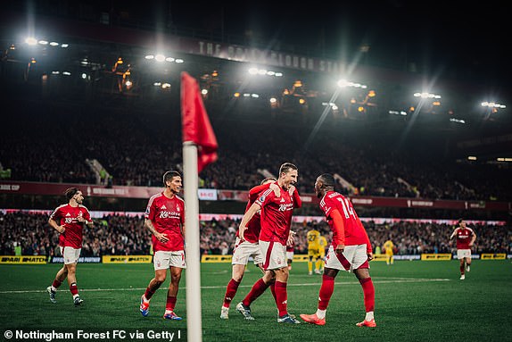 NOTTINGHAM, ENGLAND - OCTOBER 19: Chris Wood of Nottingham Forest celebrates opening the scoring during the Premier League match between Nottingham Forest FC and Crystal Palace FC at City Ground on October 19, 2024 in Nottingham, United Kingdom. (Photo by Ritchie Sumpter/Nottingham Forest FC via Getty Images)