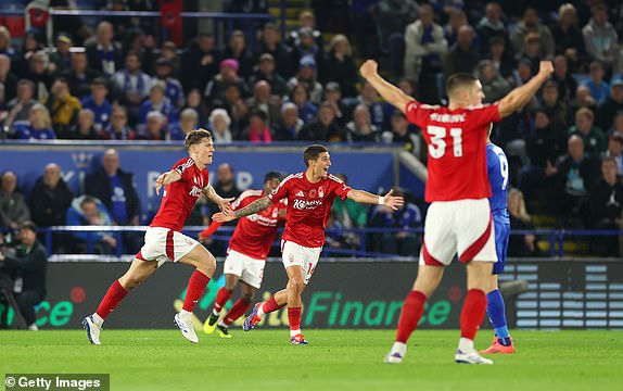 LEICESTER, ENGLAND - OCTOBER 25: Ryan Yates of Nottingham Forest celebrates scoring his team's first goal during the Premier League match between Leicester City FC and Nottingham Forest FC at The King Power Stadium on October 25, 2024 in Leicester, England. (Photo by Carl Recine/Getty Images)