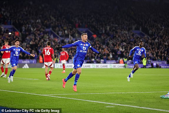 LEICESTER, ENGLAND - OCTOBER 25: Jamie Vardy of Leicester City celebrates after scoring to make it 1-1 during the Premier League match between Leicester City and Nottingham Forest at King Power Stadium on October 25, 2024 in Leicester, United Kingdom. (Photo by Plumb Images/Leicester City FC via Getty Images)