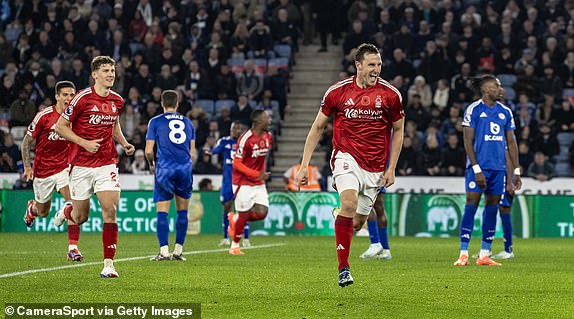 LEICESTER, ENGLAND - OCTOBER 25: Nottingham Forest's Chris Wood celebrates scoring his side's second goal during the Premier League match between Leicester City FC and Nottingham Forest FC at The King Power Stadium on October 25, 2024 in Leicester, England. (Photo by Andrew Kearns - CameraSport via Getty Images)