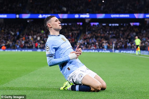 MANCHESTER, ENGLAND - OCTOBER 23: Phil Foden of Manchester City celebrates after scoring his side's first goal during the UEFA Champions League 2024/25 League Phase MD3 match between Manchester City and AC Sparta Praha at City of Manchester Stadium on October 23, 2024 in Manchester, England. (Photo by James Gill - Danehouse/Getty Images)