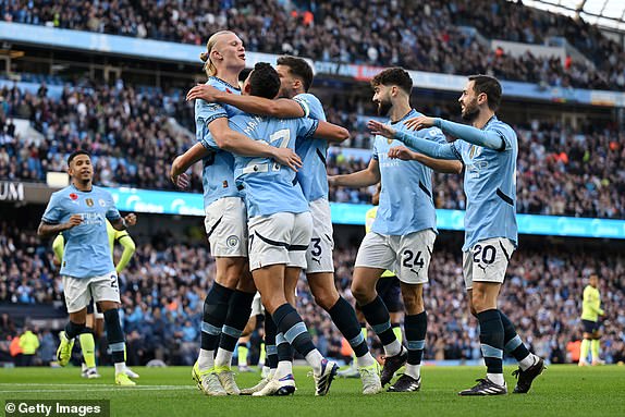 MANCHESTER, ENGLAND - OCTOBER 26: Erling Haaland of Manchester City celebrates scoring his team's first goal with teammates during the Premier League match between Manchester City FC and Southampton FC at Etihad Stadium on October 26, 2024 in Manchester, England. (Photo by Michael Regan/Getty Images)