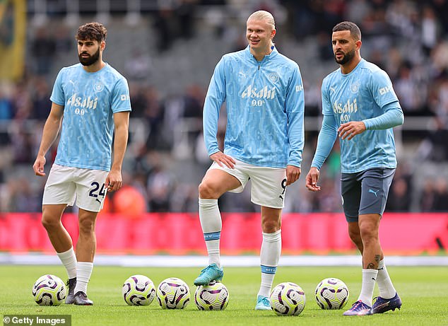 Kyle Walker (right) has revealed how Haaland (middle) is changing the food culture at the club