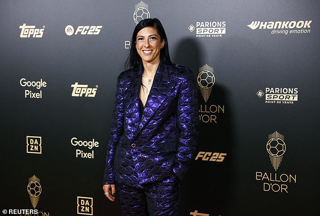 Jenni Hermoso, who won the World Cup in 2023 with Spain, smiles on the carpet