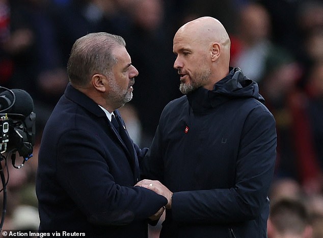 Ange Postecoglou (left) has questioned whether Erik ten Hag (right) would have been sacked after winning two trophies at Tottenham