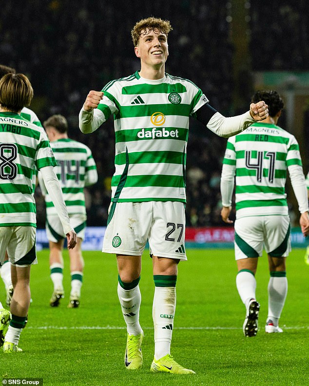 Arne Engels celebrates his crucial second goal to see off Dundee at Parkhead