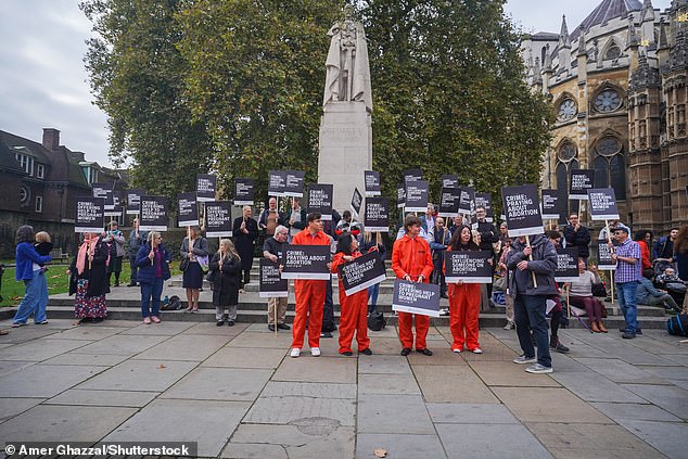 Members of the Society for the Protection of Unborn Children demonstrate advocate a world free of abortions today in Westminster, London