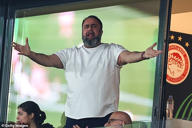 Barristers for Mr Marinakis (pictured at the 2024 UEFA Europa Conference League final match between Olympiacos FC and ACF Fiorentina in May) said the allegations were 'completely untrue' and that the case should proceed in an English court as it had a 'real prospect of success'