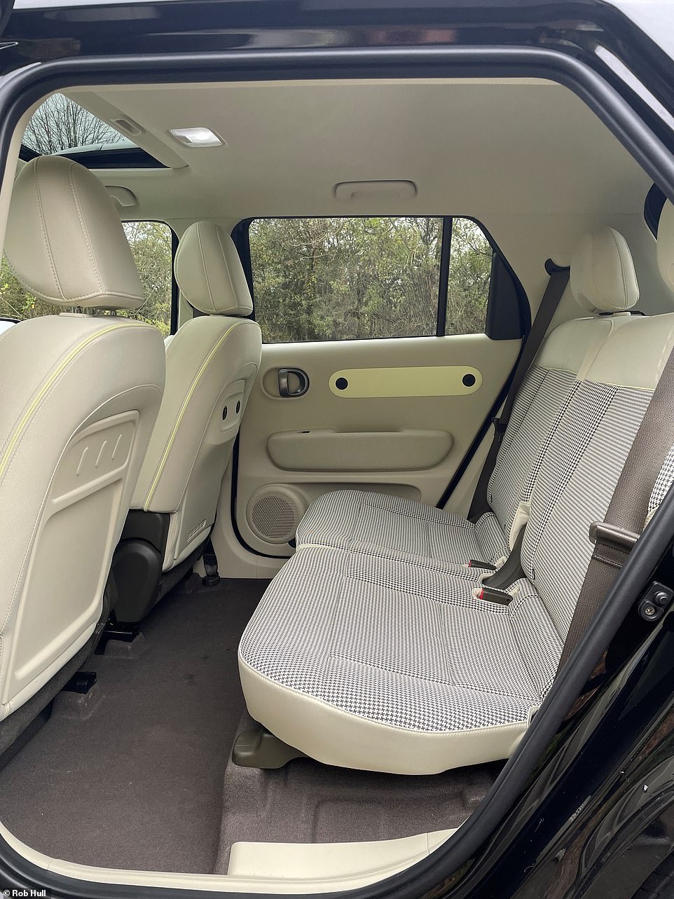 For such a small car, there's an incredible amount of leg room in the back. This image is with the clever sliding rear seats in their furthest-back position. With no transmission tunnel (which you find in petrol and diesel cars) running down the centre of the interior, there is genuinely more than enough space for six footers to sit comfortably