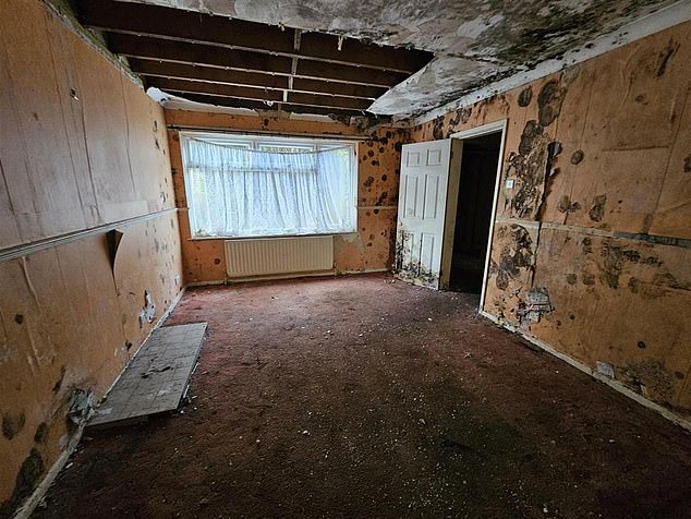 There remains a personality of the previous residents, with one of the bedroom walls painted in orange and the ceiling sustaining quite a lot of damage