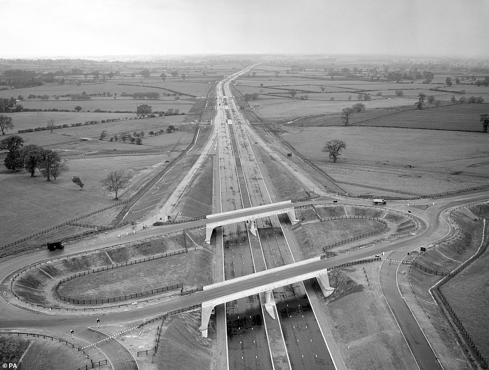 The M1's arrival in 1959 spearheaded a major national development and boost to the economy, providing direct transport links never experienced before in Britain. This image shows the Broughton roundabout at the junction with the Dunstable and Newport Pagnell roads