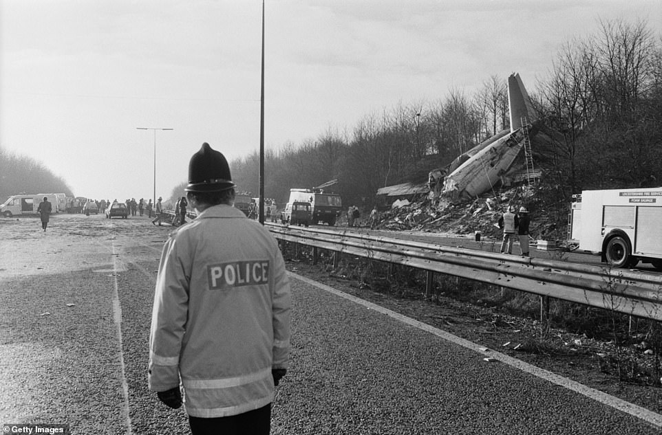 Tragedy: The Kegworth air disaster occurred when British Midland Airways Flight 092, a Boeing 737-400, crashed onto the motorway embankment between the M1 motorway and A453 road near Kegworth