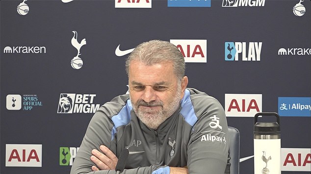 Tottenham Hotspur manager Ange Postecoglou pictured at a press conference on Friday