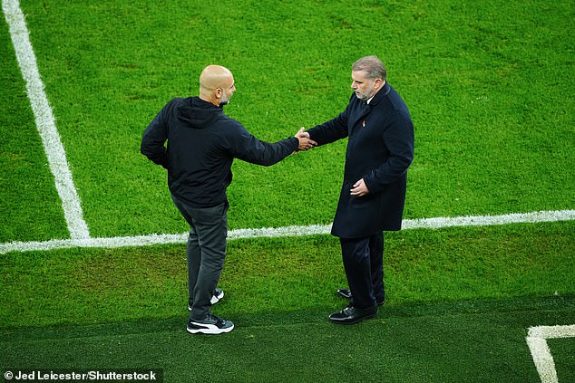 But Postecoglou then got the better of Pep Guardiola (left) on Wednesday when Tottenham knocked the Spaniard's Manchester City side out of the Carabao Cup