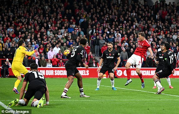 NOTTINGHAM, ENGLAND - NOVEMBER 02: Chris Wood of Nottingham Forest scores his team's first goal during the Premier League match between Nottingham Forest FC and West Ham United FC at City Ground on November 02, 2024 in Nottingham, England. (Photo by Michael Regan/Getty Images)