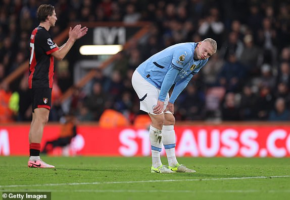 BOURNEMOUTH, ENGLAND - NOVEMBER 02: Erling Haaland of Manchester City reacts during the Premier League match between AFC Bournemouth and Manchester City FC at Vitality Stadium on November 02, 2024 in Bournemouth, England. (Photo by Catherine Ivill - AMA/Getty Images)