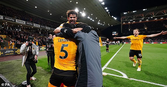 Wolverhampton Wanderers' Ruben Neves celebrates scoring their side's second goal of the game from a penalty during the Premier League match at Molineux Stadium, Wolverhampton. Picture date: Tuesday April 25, 2023. PA Photo. See PA Story SOCCER Wolves. Photo credit should read: David Davies/PA Wire.RESTRICTIONS: EDITORIAL USE ONLY No use with unauthorised audio, video, data, fixture lists, club/league logos or "live" services. Online in-match use limited to 120 images, no video emulation. No use in betting, games or single club/league/player publications.