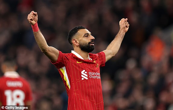 LIVERPOOL, ENGLAND - NOVEMBER 02: Mohamed Salah of Liverpool celebrates scoring his team's second goal during the Premier League match between Liverpool FC and Brighton & Hove Albion FC at Anfield on November 02, 2024 in Liverpool, England. (Photo by Jan Kruger/Getty Images)