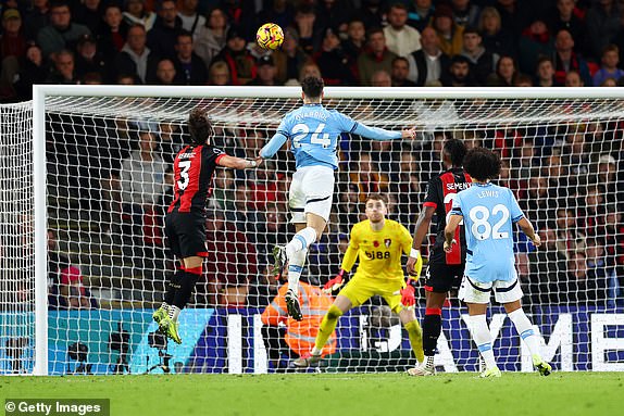 BOURNEMOUTH, ENGLAND - NOVEMBER 02: Josko Gvardiol of Manchester City scores his team's first goal during the Premier League match between AFC Bournemouth and Manchester City FC at Vitality Stadium on November 02, 2024 in Bournemouth, England. (Photo by Dan Istitene/Getty Images)