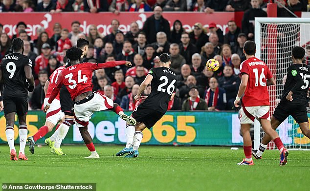 Ola Aina made it 3-0 to Forest in the 78th minute with a powerful strike from long range