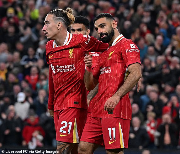 LIVERPOOL, ENGLAND - NOVEMBER 02: (THE SUN OUT, THE SUN ON SUNDAY OUT) Mohamed Salah of Liverpool celebrating after scoring the second Liverpool goal during the Premier League match between Liverpool FC and Brighton & Hove Albion FC at Anfield on November 02, 2024 in Liverpool, England. (Photo by John Powell/Liverpool FC via Getty Images)