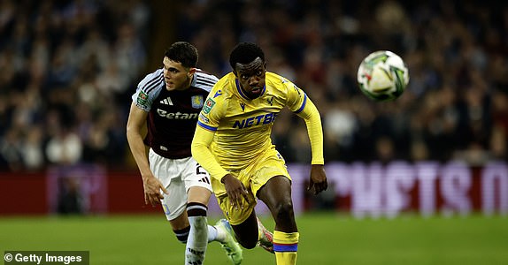 BIRMINGHAM, ENGLAND - OCTOBER 30: Eddie Nketiah of Crystal Palace chases the ball during the Carabao Cup Fourth Round match between Aston Villa and Crystal Palace at Villa Park on October 30, 2024 in Birmingham, England. (Photo by Malcolm Couzens/Getty Images)