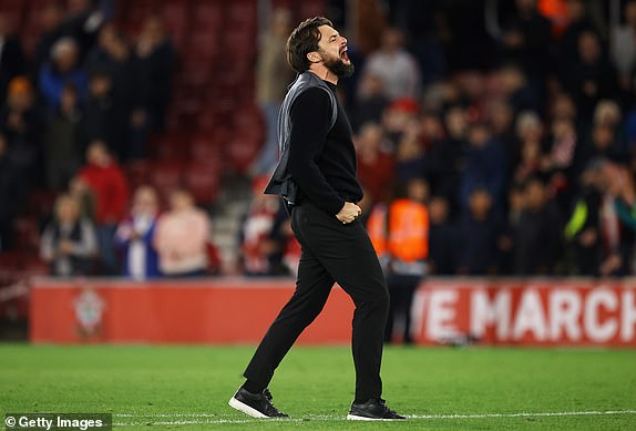 SOUTHAMPTON, ENGLAND - NOVEMBER 02:  Russell Martin, Manager of Southampton, celebrates victory after the Premier League match between Southampton FC and Everton FC at St Mary's Stadium on November 02, 2024 in Southampton, England. (Photo by Charlie Crowhurst/Getty Images)