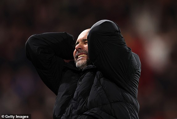 BOURNEMOUTH, ENGLAND - NOVEMBER 02: Pep Guardiola Manager / Head Coach of Manchester City reacts after a missed chance during the Premier League match between AFC Bournemouth and Manchester City FC at Vitality Stadium on November 02, 2024 in Bournemouth, England. (Photo by Catherine Ivill - AMA/Getty Images)