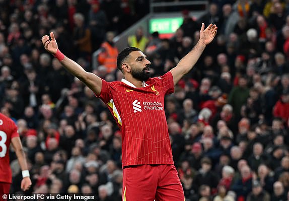 LIVERPOOL, ENGLAND - NOVEMBER 02: (THE SUN OUT, THE SUN ON SUNDAY OUT)  Mohamed Salah of Liverpool celebrating after scoring the second goal during the Premier League match between Liverpool FC and Brighton & Hove Albion FC at Anfield on November 02, 2024 in Liverpool, England. (Photo by John Powell/Liverpool FC via Getty Images)