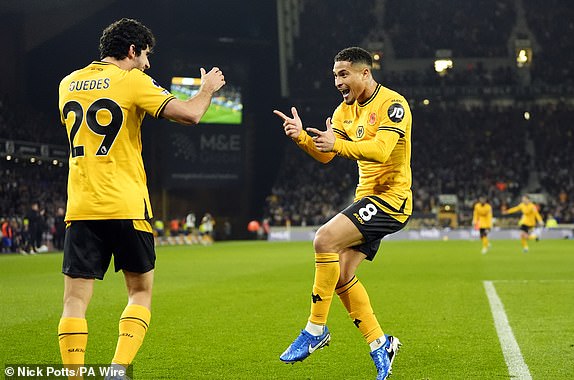 Wolverhampton Wanderers' Joao Gomes celebrates scoring their side's second goal of the game during the Premier League match at Molineux, Wolverhampton. Picture date: Saturday November 2, 2024. PA Photo. See PA story SOCCER Wolves. Photo credit should read: Nick Potts/PA Wire.RESTRICTIONS: EDITORIAL USE ONLY No use with unauthorised audio, video, data, fixture lists, club/league logos or "live" services. Online in-match use limited to 120 images, no video emulation. No use in betting, games or single club/league/player publications.