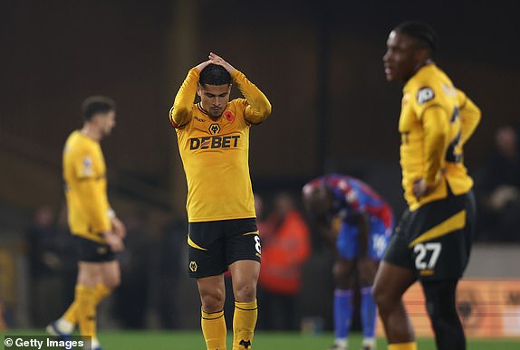 WOLVERHAMPTON, ENGLAND - NOVEMBER 02: Joao Gomes of Wolverhampton Wanderers reacts during the Premier League match between Wolverhampton Wanderers FC and Crystal Palace FC at Molineux on November 02, 2024 in Wolverhampton, England. (Photo by Nathan Stirk/Getty Images)