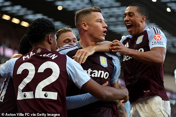 BIRMINGHAM, ENGLAND - OCTOBER 26: Ross Barkley of Aston Villa celebrates scoring his team's first goal with teammates during the Premier League match between Aston Villa FC and AFC Bournemouth at Villa Park on October 26, 2024 in Birmingham, England. (Photo by Aston Villa/Aston Villa FC via Getty Images)