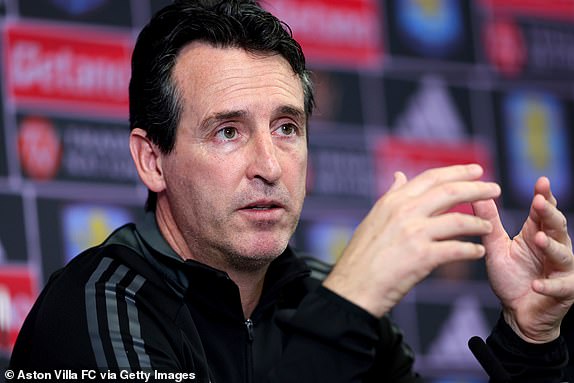 BIRMINGHAM, ENGLAND - NOVEMBER 01: Unai Emery manager of Aston Villa talks to the press during a press conference at Bodymoor Heath training ground on November 01, 2024 in Birmingham, England. (Photo by Neville Williams/Aston Villa FC via Getty Images)